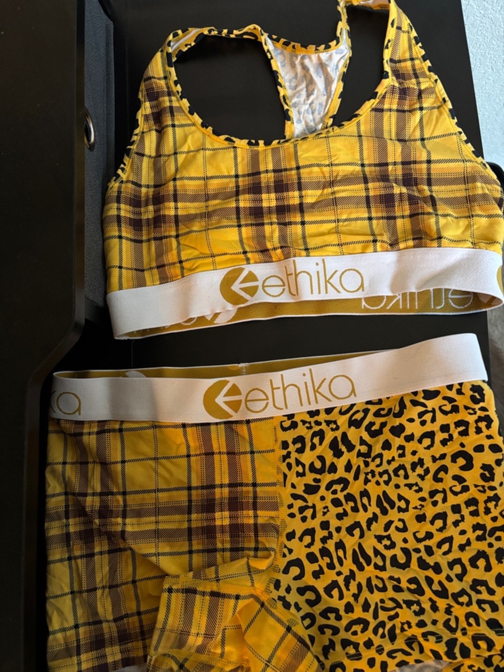 Ethika- Yellow Plaid & Leopard Active Set with White Logo Band